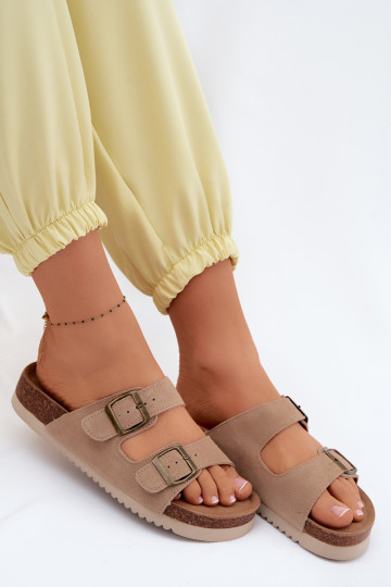 Leather Suede Women's Slides With Buckles Dark Beige Rosaliae