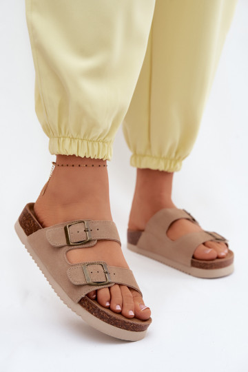 Leather Suede Women's Slides With Buckles Dark Beige Rosaliae 2
