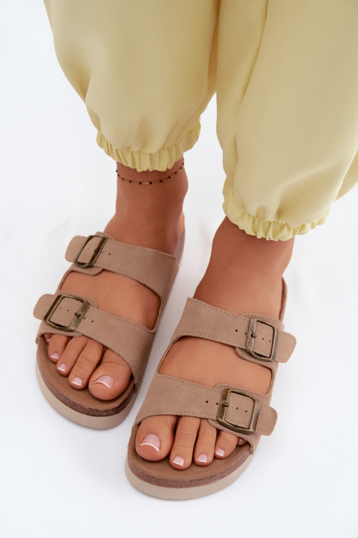 Leather Suede Women's Slides With Buckles Dark Beige Rosaliae