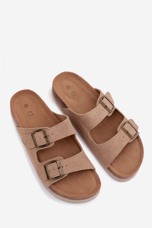 Leather Suede Women's Slides With Buckles Dark Beige Rosaliae