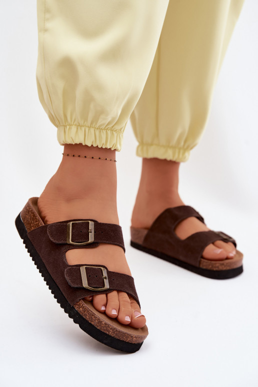 Leather Suede Women's Slides With Ribbons Chocolate Rosaliae