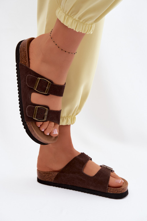 Leather Suede Women's Slides With Ribbons Chocolate Rosaliae