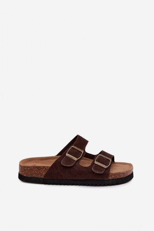 Leather Suede Women's Slides With Ribbons Chocolate Rosaliae