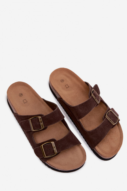 Leather Suede Women's Slides With Ribbons Chocolate Rosaliae