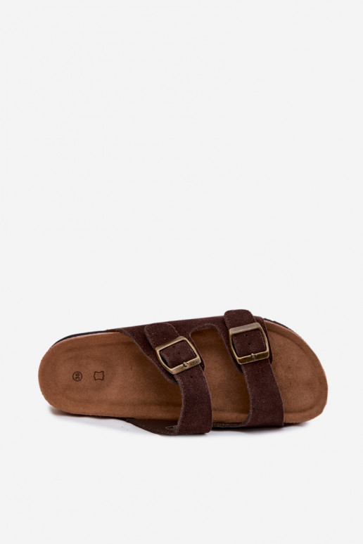 Leather Suede Women's Slides With Ribbons Chocolate Rosaliae