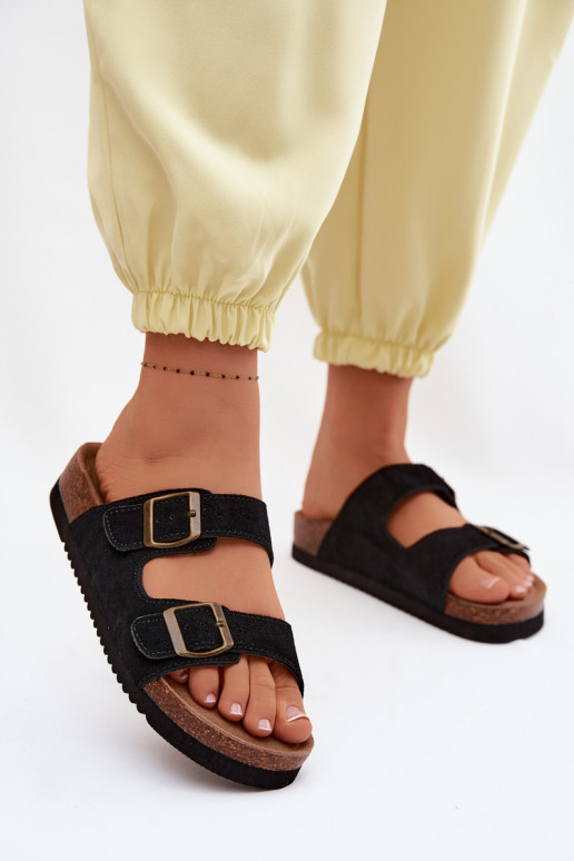 Leather Suede Women's Slides With Buckles Black Rosaliae