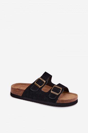 Black leather suede slippers with buckles Rosaliae 2