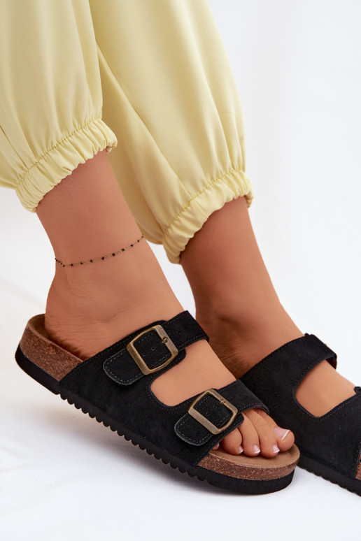 Leather Suede Women's Slides With Buckles Black Rosaliae