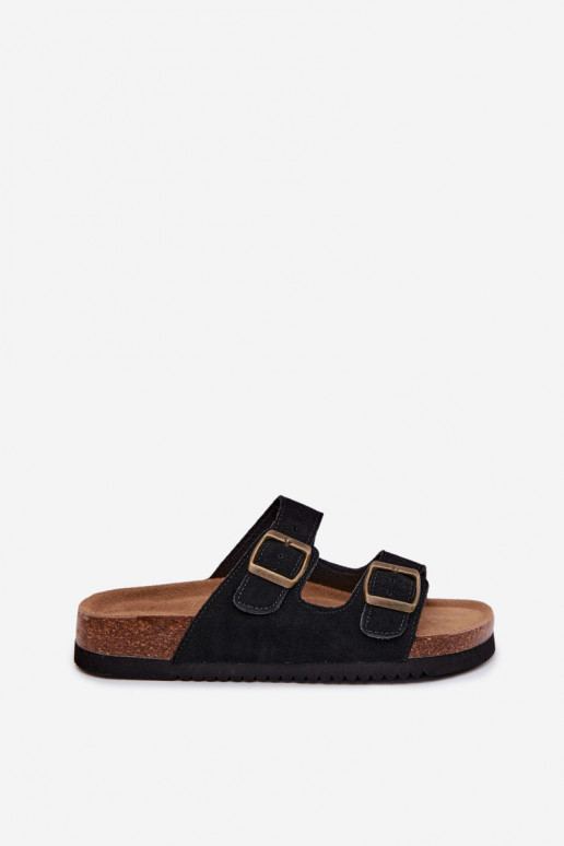 Leather Suede Women's Slides With Buckles Black Rosaliae