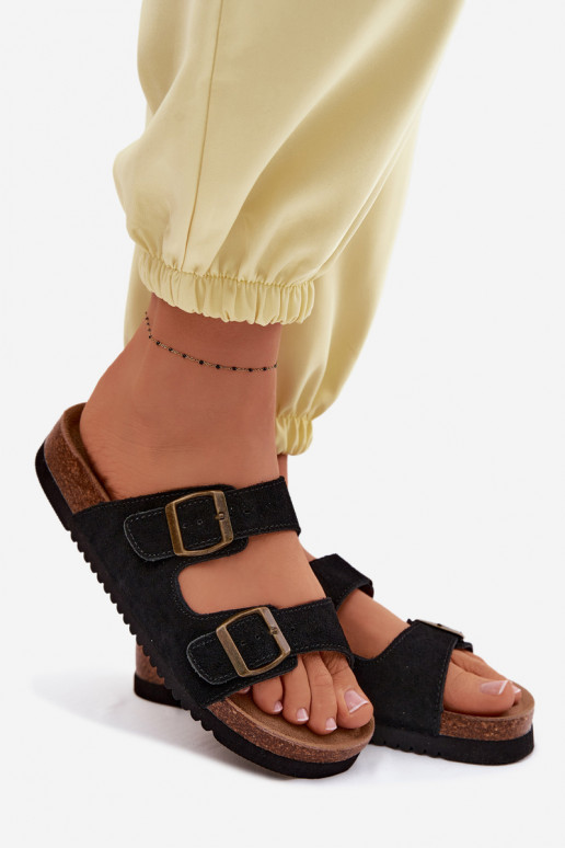 Leather Suede Women's Slides With Buckles Black Rosaliae