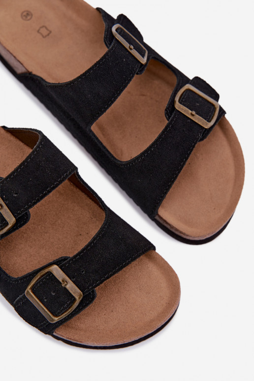 Leather Suede Women's Slides With Buckles Black Rosaliae