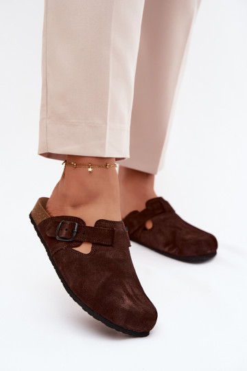 Mule slippers suede leather chocolate color with buckles Zazoo 1905