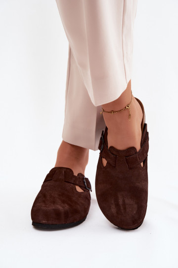 Suede leather mule slippers with buckles Zazoo 1905, chocolate color 2