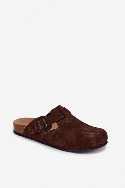 Suede leather mule slippers with buckles Zazoo 1905, chocolate color