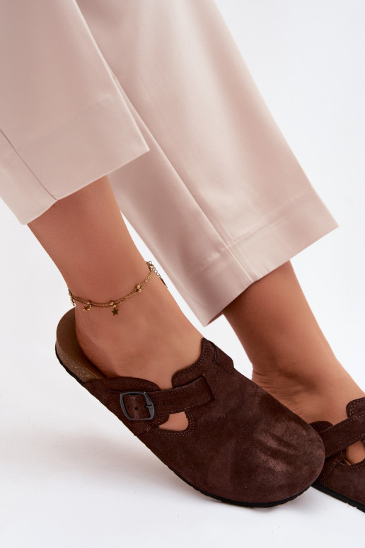 Mule slippers suede leather chocolate color with buckles Zazoo 1905