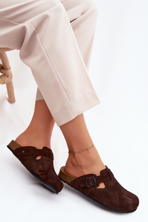 Mule slippers suede leather chocolate color with buckles Zazoo 1905