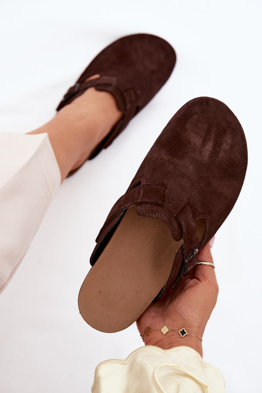Suede leather mule slippers with buckles Zazoo 1905, chocolate color