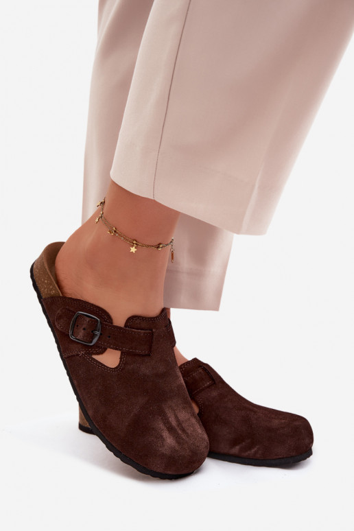 Mule slippers suede leather chocolate color with buckles Zazoo 1905