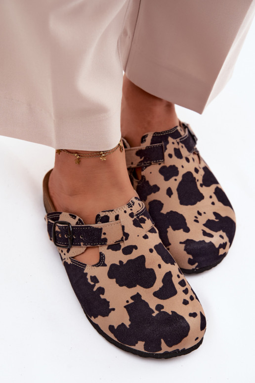 Leather Suede Mules with Buckle in Cow Print Zazoo 1905
