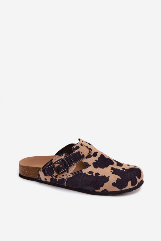 Suede leather mule slippers with buckles Zazoo 1905, sand and black colors