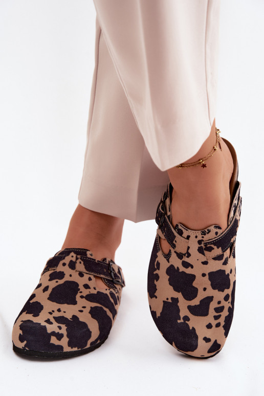 Leather Suede Mules with Buckle in Cow Print Zazoo 1905
