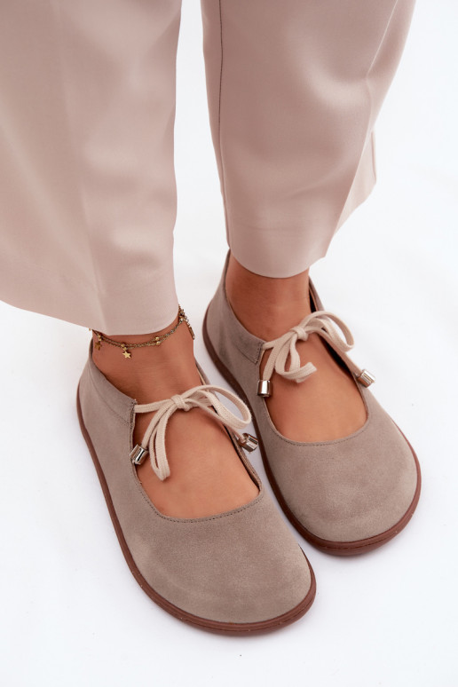 Zamszowe skórzane barefoot baleriny z paskami Zazoo 021, w kolorze cappuccino