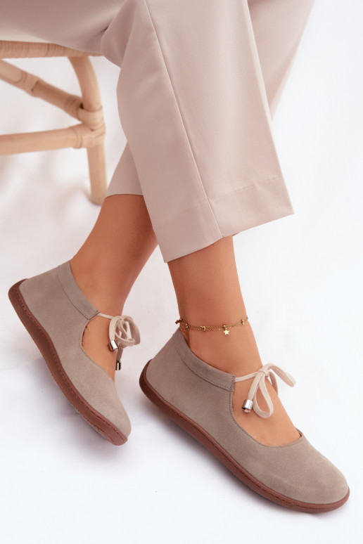 Zamszowe skórzane barefoot baleriny z paskami Zazoo 021, w kolorze cappuccino