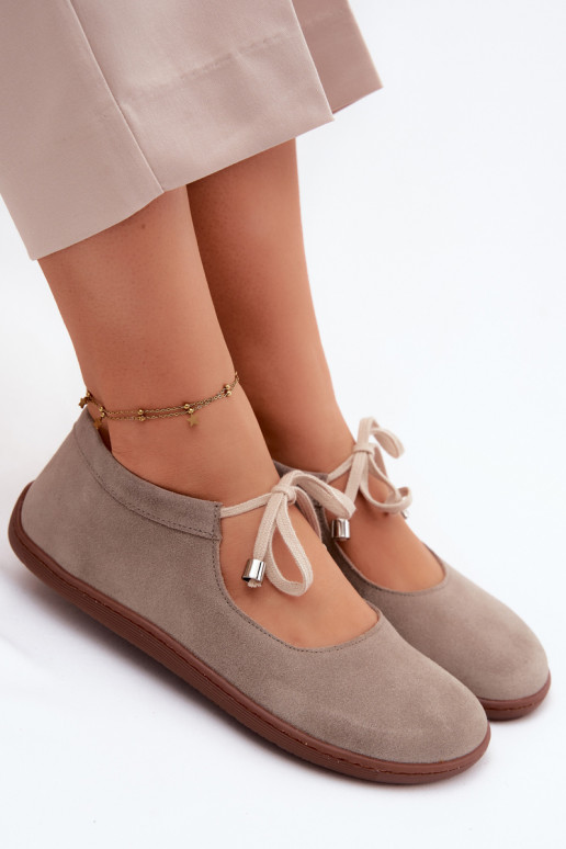 Suede leather barefoot ballerinas with straps Zazoo 021, cappuccino color