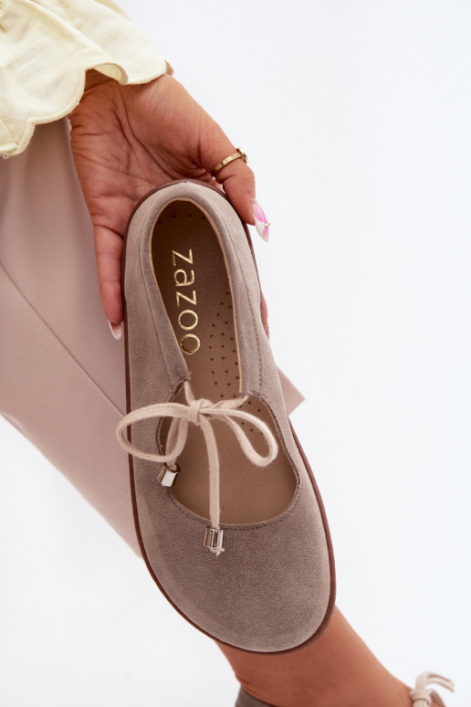 Suede leather barefoot ballerinas with straps Zazoo 021, cappuccino color