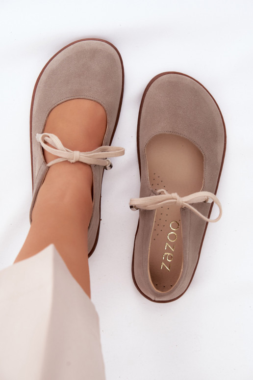 Barefoot ballerinas suede leather cappuccino color with straps Zazoo 021