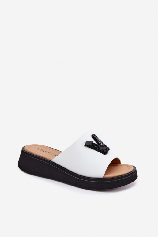 Leather Women's Slides With V Letter On Platform Vinceza 66950 White