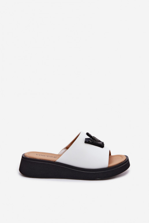 Leather women's slippers V-shaped upper on platform Vinceza 66950, white color
