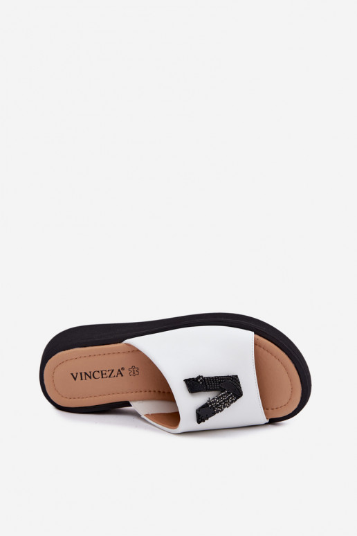 Leather women's slippers with V-shaped upper on platform Vinceza 66950, white color