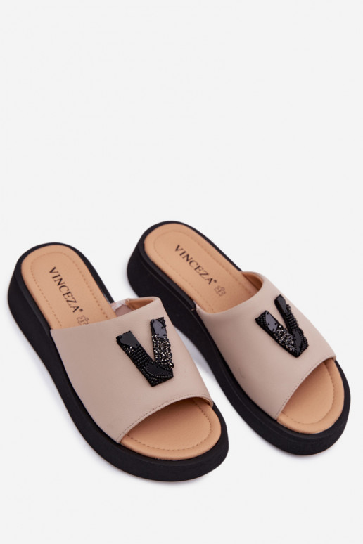 Leather Women's Slides With V Letter On Platform Vinceza 66950 Beige