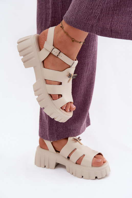 Leather Women's Platform Sandals With Butterfly Vinceza 79627 Beige