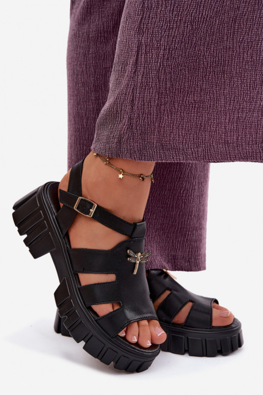 Leather Women's Platform Sandals With Dragonfly Vinceza 79627 Black