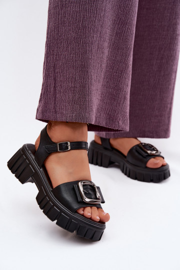 Leather Women's Platform Sandals With Buckle Vinceza 79611 Black 2