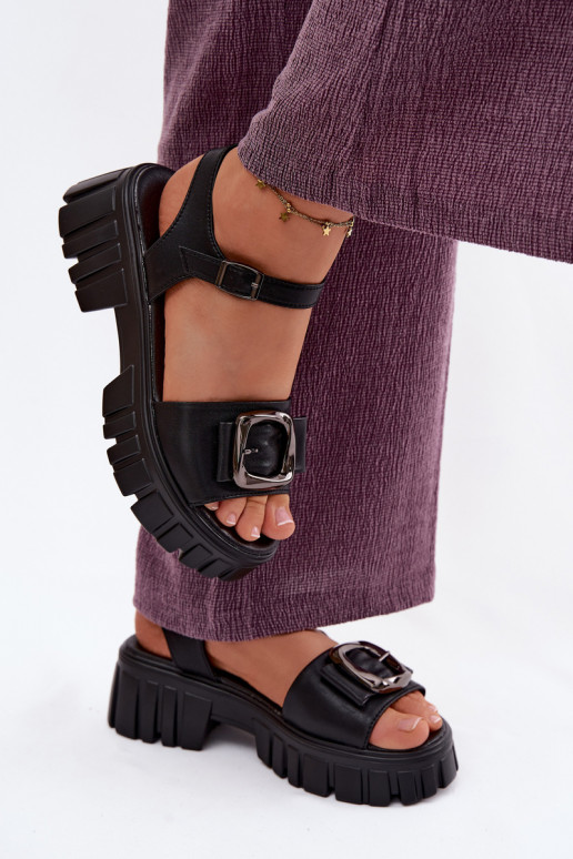 Skórzane Sandały Damskie Na PlatformiewithKlamrą Vinceza 79611 Czarne