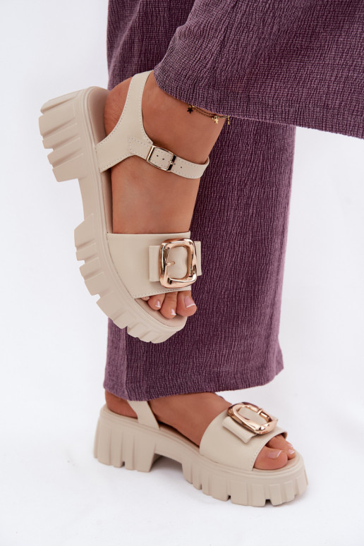 Leather Women's Platform Sandals with Buckle Vinceza Beige