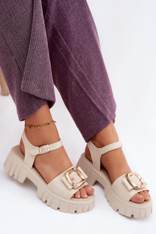 Leather Women's Platform Sandals with Buckle Vinceza Beige