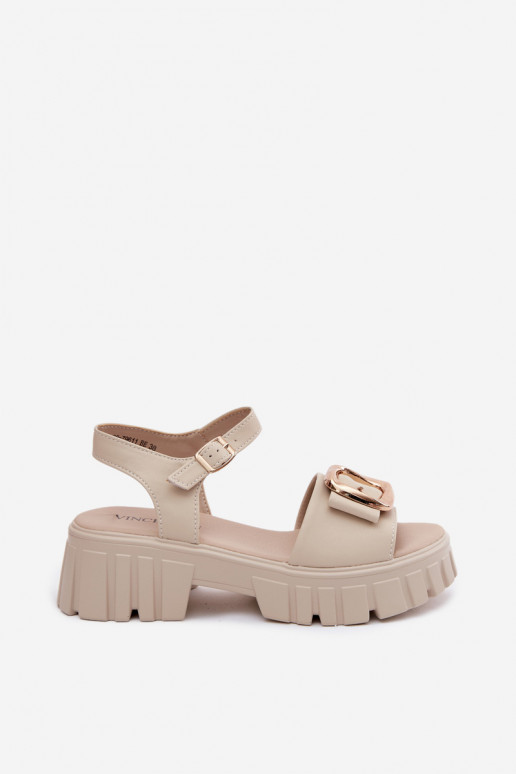 Leather Women's Platform Sandals with Buckle Vinceza Beige