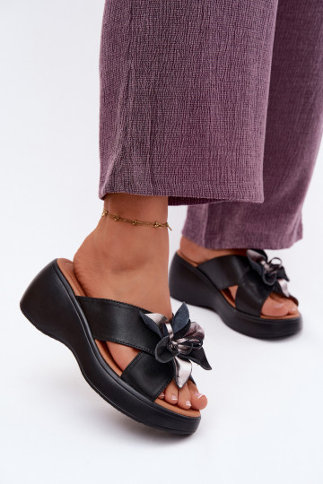 Leather platform slippers with decorative flowers Vinceza 41511, black color 2