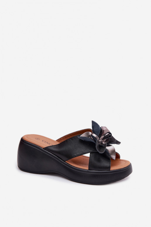 Leather platform slippers with decorative flowers Vinceza 41511, black color