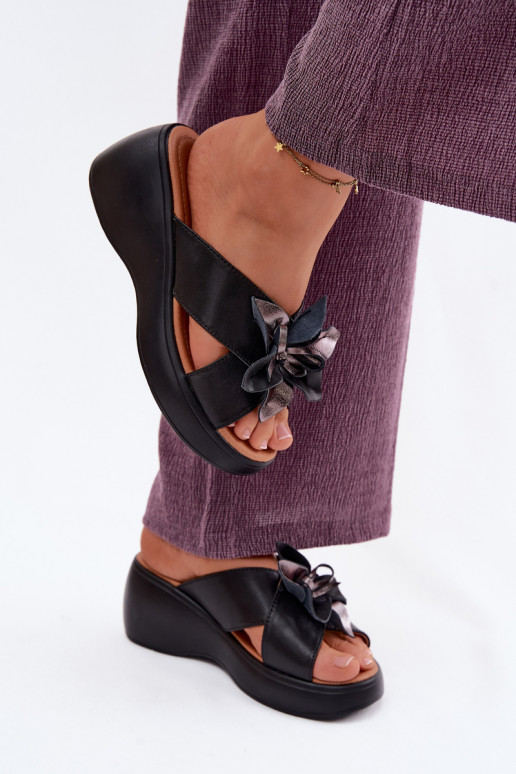 Leather platform slippers with decorative flowers Vinceza 41511, black color