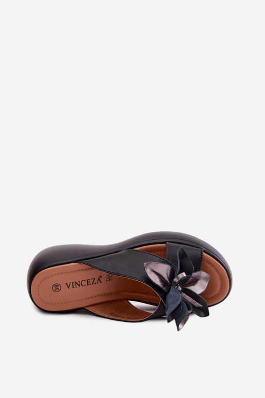 Leather platform slippers with decorative flowers Vinceza 41511, black color