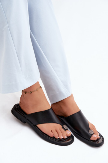 Black leather women's slippers with wide heel Vinceza 62307