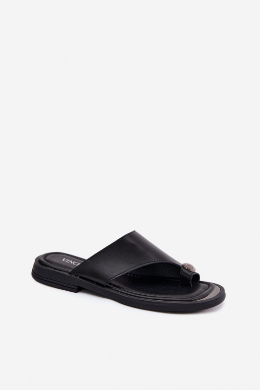 Black leather women's slippers with wide heel Vinceza 62307