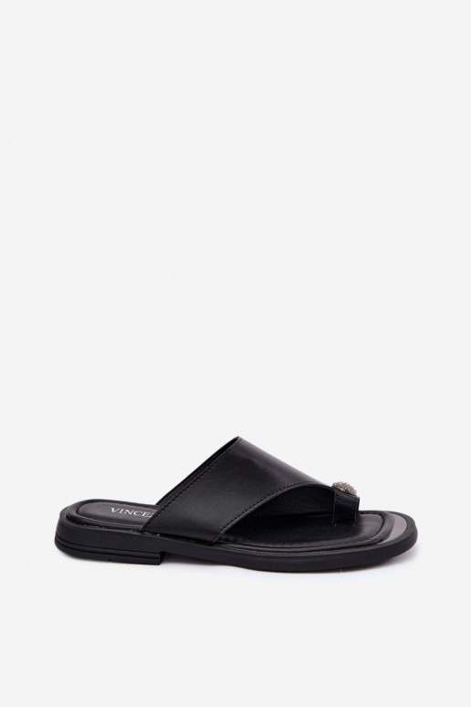Black leather women's slippers with wide heel Vinceza 62307
