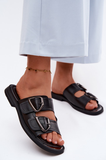 Black leather women's slippers with buckles Vinceza 62304