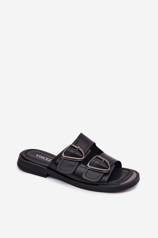 Black leather women's slippers with buckles Vinceza 62304
